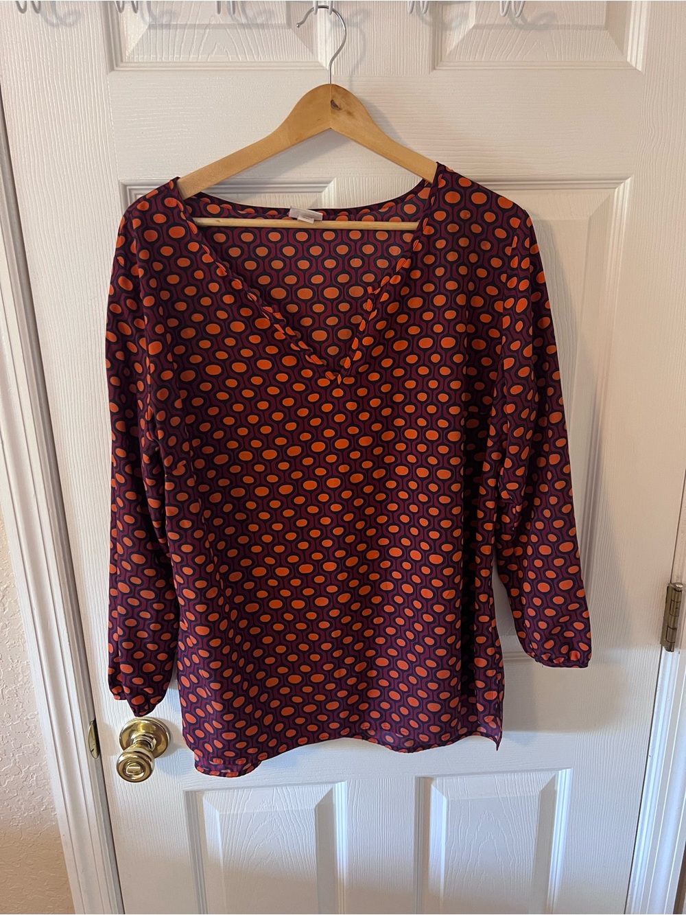 Merona Split Neck Blouse Geo Pattern Burgundy Orange Fall Long Sleeve
